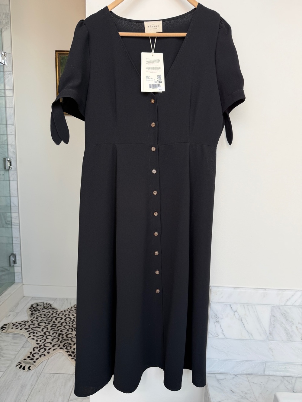 Sexane Black Button-Front V-Neck French Chic Midi Dress NWT Size 10 US / 14 UK